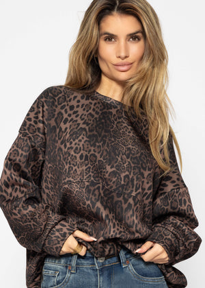 Soft sweatshirt with leopard print - black-brown