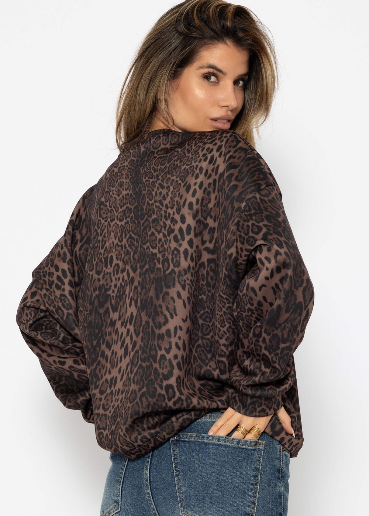 Soft sweatshirt with leopard print - black-brown