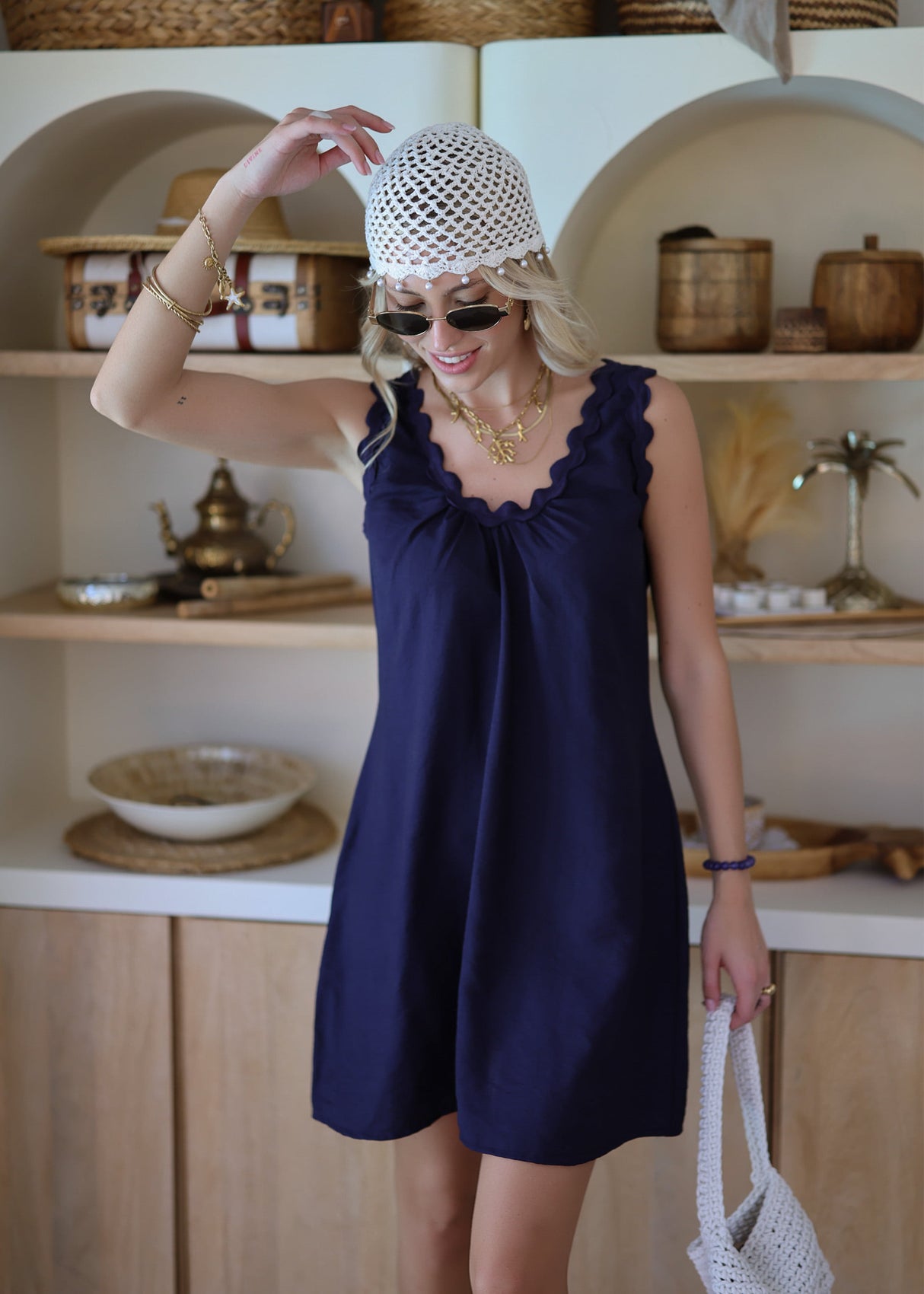 Sommerkleid mit dekorativer Zackenborte - dunkelblau