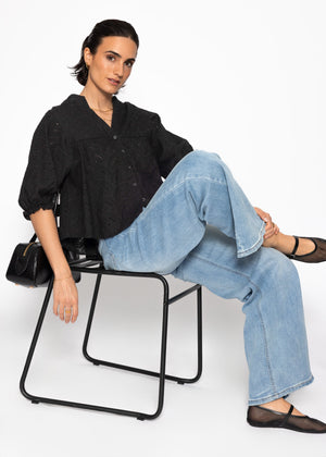 Spitzen Bluse mit kurzen Ballonärmeln - schwarz