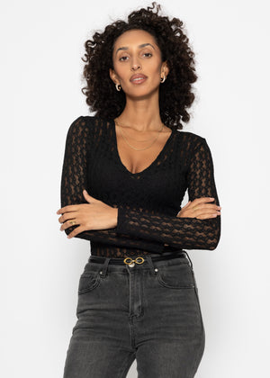 Lace bodysuit with V-neck - black