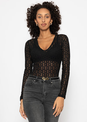 Lace bodysuit with V-neck - black