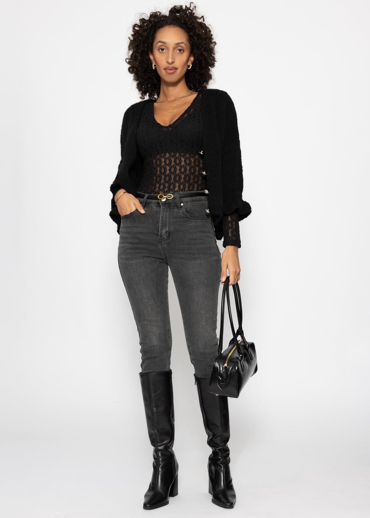 Lace bodysuit with V-neck - black