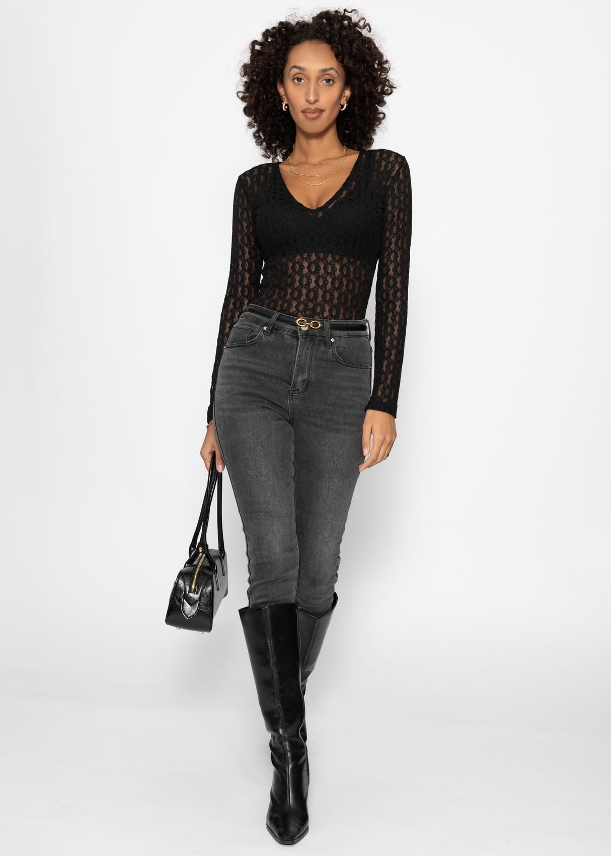 Lace bodysuit with V-neck - black