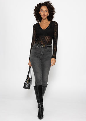Lace bodysuit with V-neck - black
