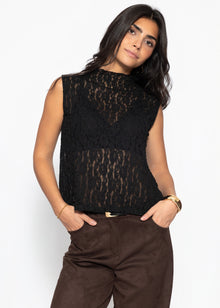 Lace top with stand-up collar - black