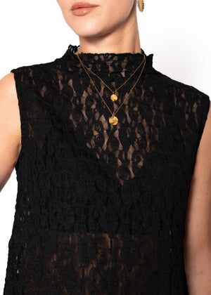 Lace top with stand-up collar - black