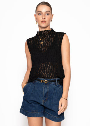 Lace top with stand-up collar - black