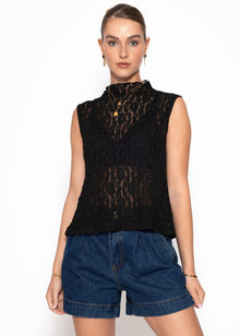 Spitzen-Top mit Stehkragen - schwarz