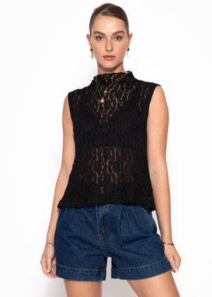 Lace top with stand-up collar - black