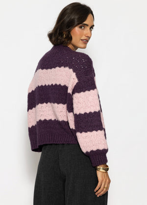 Strick-Cardigan mit breiten Blockstreifen - lila-rosa