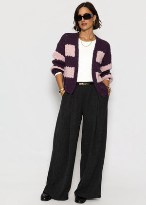 Strick-Cardigan mit breiten Blockstreifen - lila-rosa