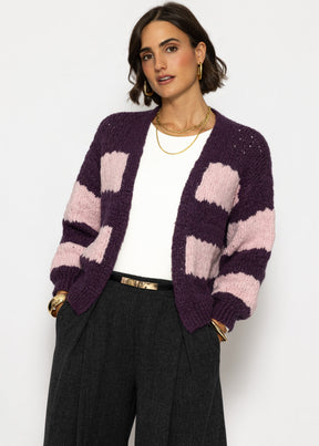 Strick-Cardigan mit breiten Blockstreifen - lila-rosa