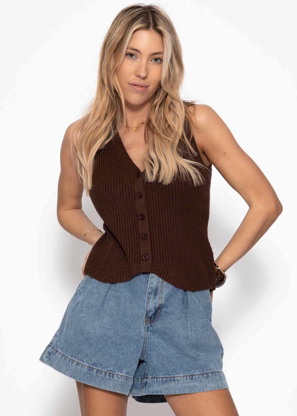 Knit top with button placket and deep V-neck - brown