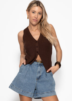 Knit top with button placket and deep V-neck - brown