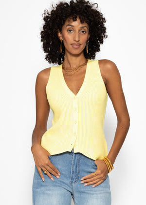 Strick-Top mit Knopfleiste und tiefem V-Ausschnitt - buttergelb