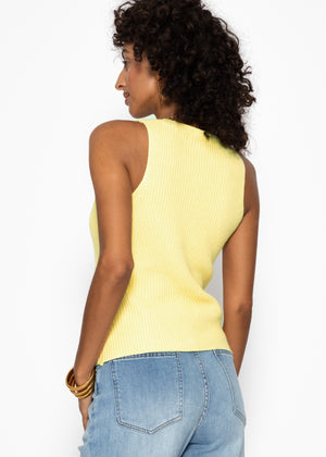 Strick-Top mit Knopfleiste und tiefem V-Ausschnitt - buttergelb