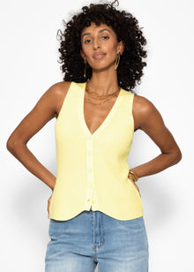 Knit top with button placket and deep V-neck - butter yellow