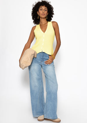 Strick-Top mit Knopfleiste und tiefem V-Ausschnitt - buttergelb