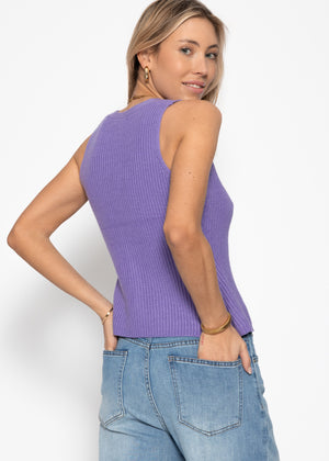Knit top with button placket and deep V-neck - lilac