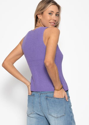 Knit top with button placket and deep V-neck - lilac