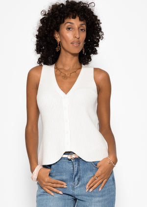 Knit top with button placket and deep V-neck - off-white