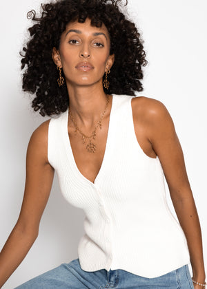 Knit top with button placket and deep V-neck - off-white