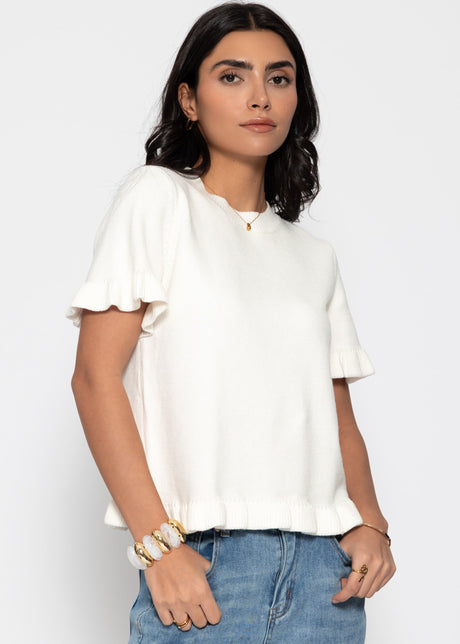 Kurzarm-Pullover mit Volants - offwhite