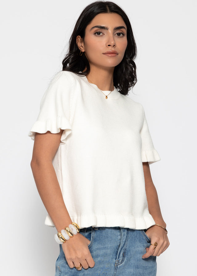 Kurzarm-Pullover mit Volants - offwhite