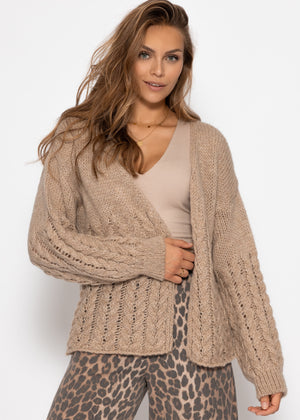 Knitted cardigan with cable pattern - beige