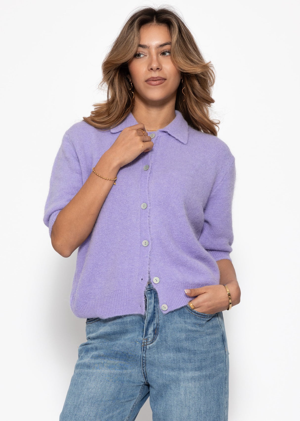 Cardigan with collar and elbow-length sleeves - lilac