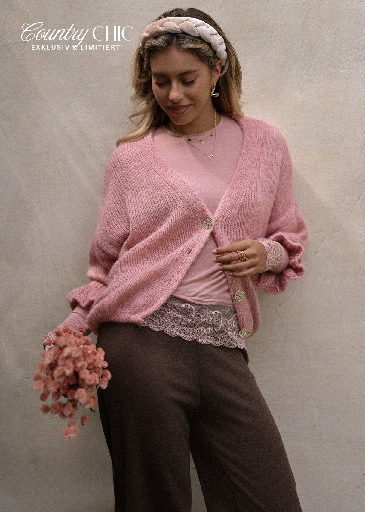 Strickjacke mit 3/4-Ärmeln - altrosa