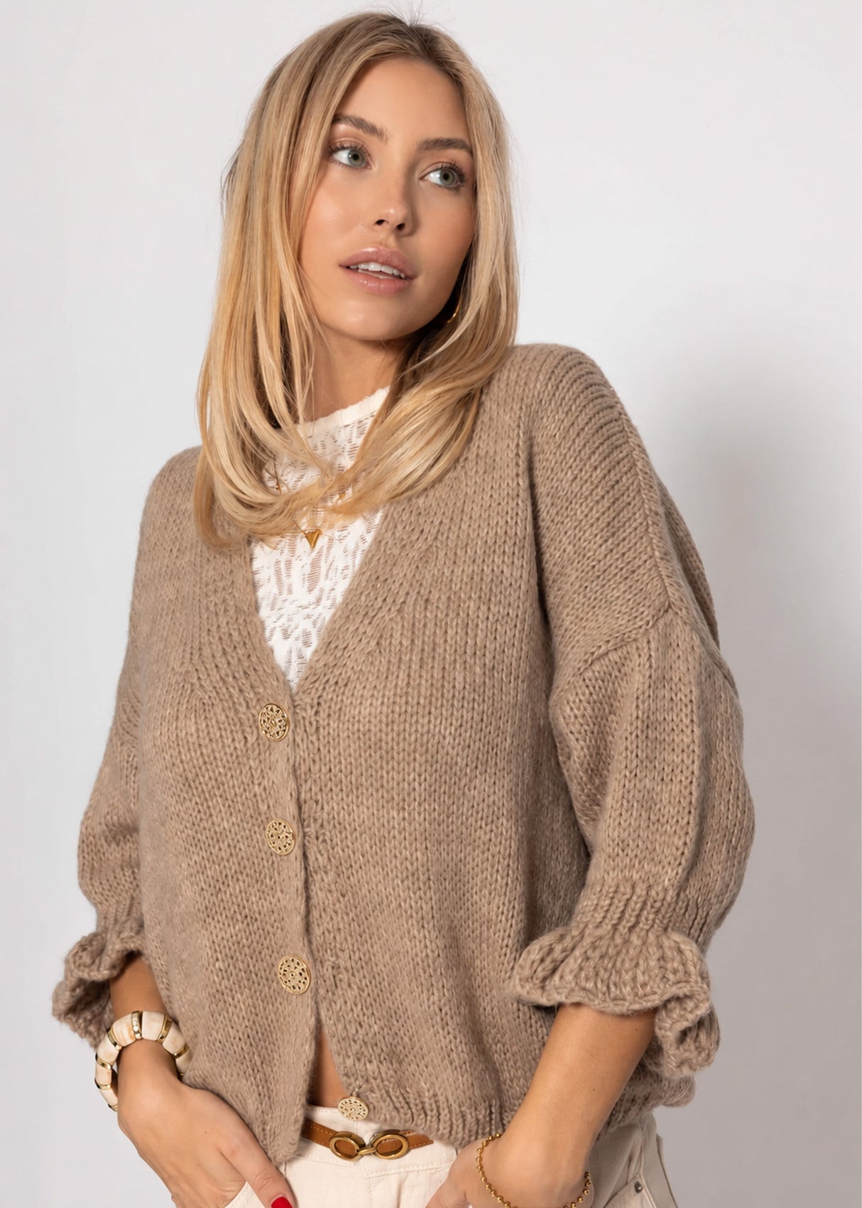 Strickjacke mit 3/4-Ärmeln - taupe