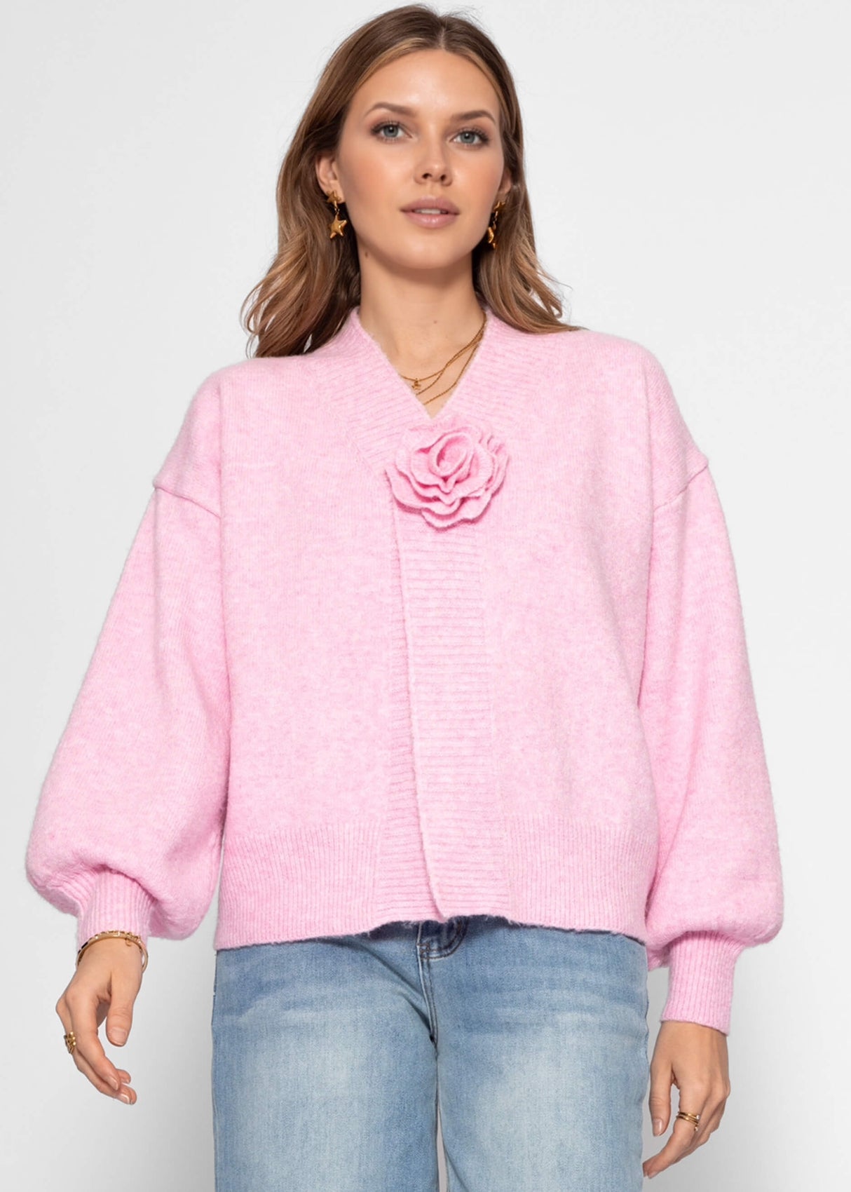 Cardigan with floral appliqué - pink