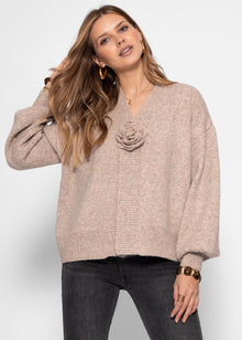 Cardigan with floral appliqué - taupe