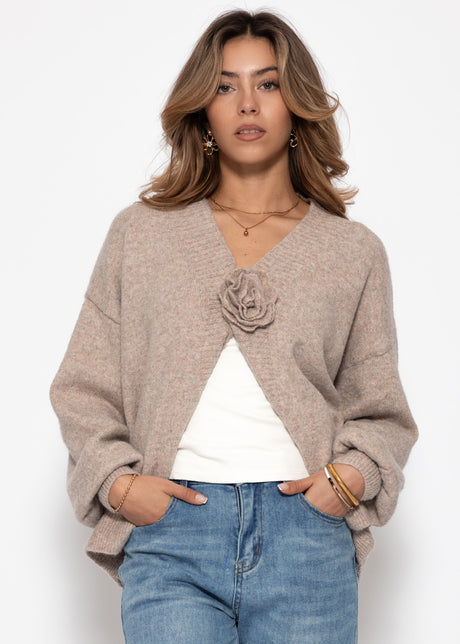 Cardigan with floral appliqué - taupe by SASSYCLASSY