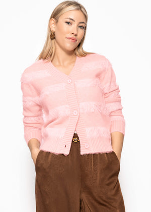 Strickjacke mit flauschigen Streifen - rosa
