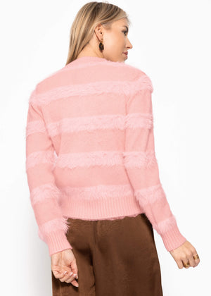 Strickjacke mit flauschigen Streifen - rosa