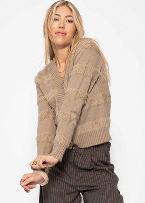 Strickjacke mit flauschigen Streifen - taupe