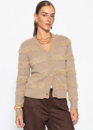 Strickjacke mit flauschigen Streifen - taupe