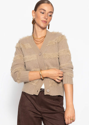 Strickjacke mit flauschigen Streifen - taupe