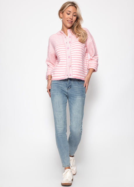 Strickjacke mit grafischem Streifenbild - rosa