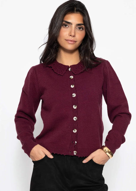 Cardigan with crochet collar - burgundy by SASSYCLASSY