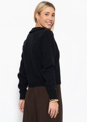 Strickjacke mit Häkelkragen - schwarz