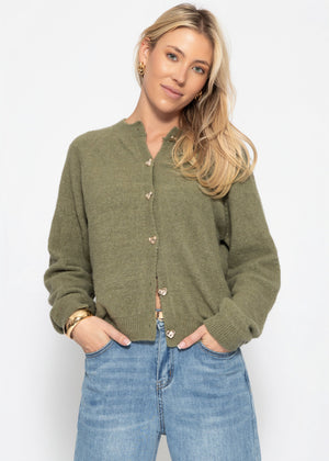 Strickjacke mit Herzknöpfen - khaki