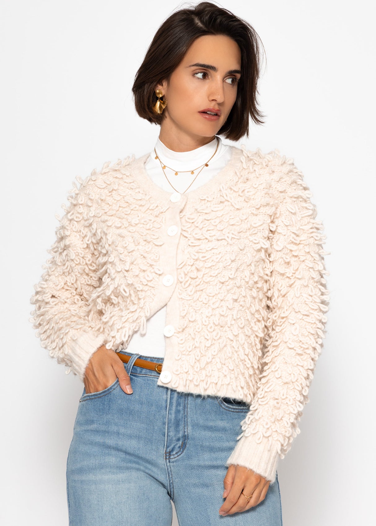 Strickjacke mit Loop-Struktur - hellbeige