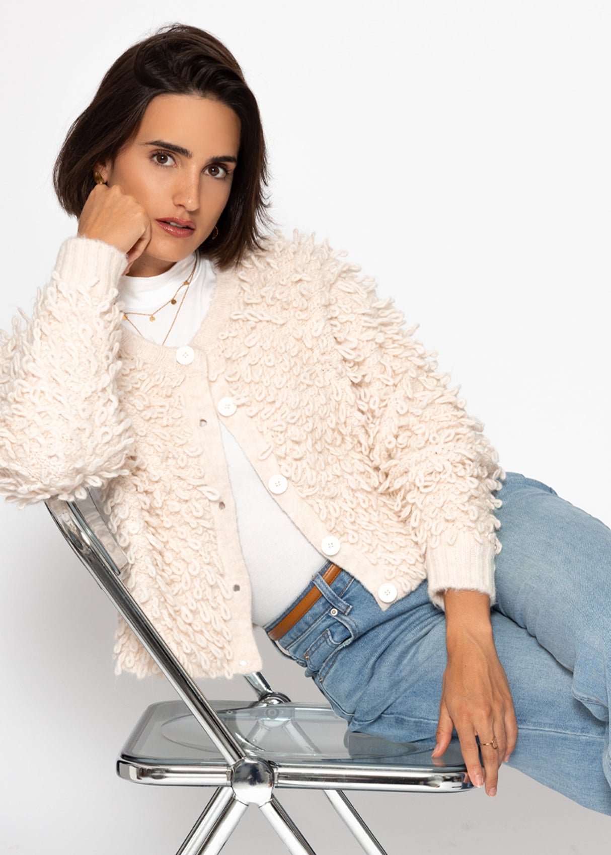Strickjacke mit Loop-Struktur - hellbeige