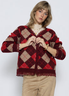 Strickjacke mit Rautenmuster und Spitzenborte - beere