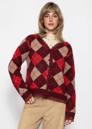 Strickjacke mit Rautenmuster und Spitzenborte - burgundy