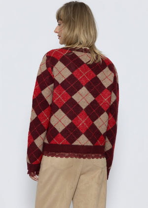 Strickjacke mit Rautenmuster und Spitzenborte - beere